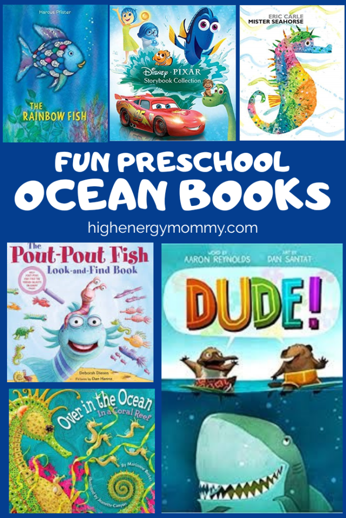 blue Pinterest pin with 6 book covers for preschool books with an ocean theme