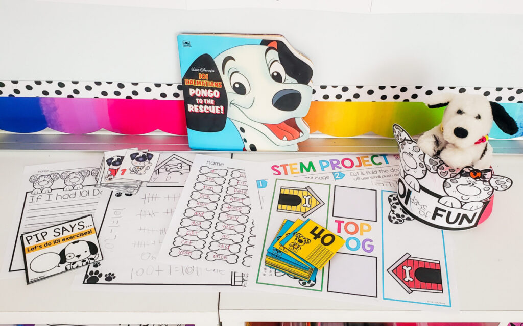 School activities including a Dalmatian book called Pongo to the Rescue, number cards, a math game, Dalmatian stuffed animal, and partial view of other worksheets with dalmatian theme