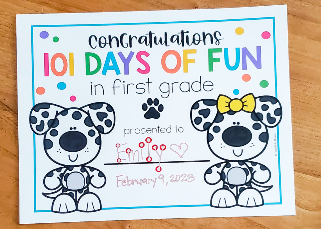 101 Days of First Grade Certificate with boy and girl clip art dalmatian and colorful Congratulations letters