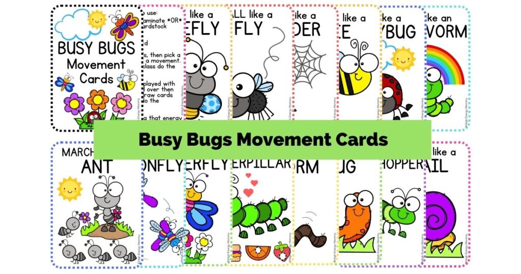 cards with different bright colored clip art bugs and movements to go with each bug