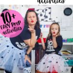 Mom and young daughter in black 101 days of school t shirt and white with black spots tutu, wearing red lipstick and blowing a kiss.