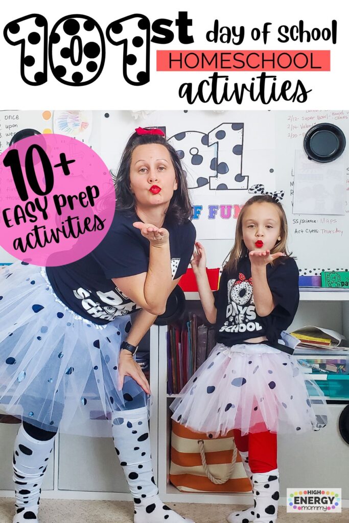 Mom and young daughter in black 101 days of school t shirt and white with black spots tutu, wearing red lipstick and blowing a kiss.