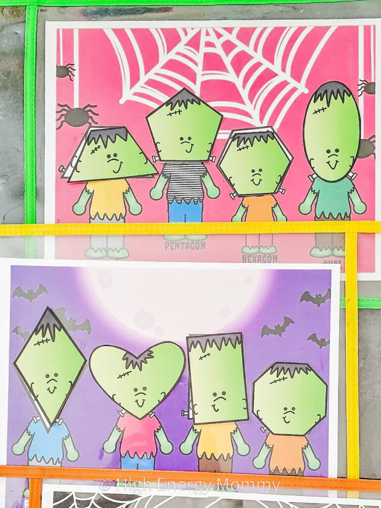 paper mats with cartoon frankenstein people with shapes, trapezoid, pentagon, diamond, heart, rectangle, octagon as the heads