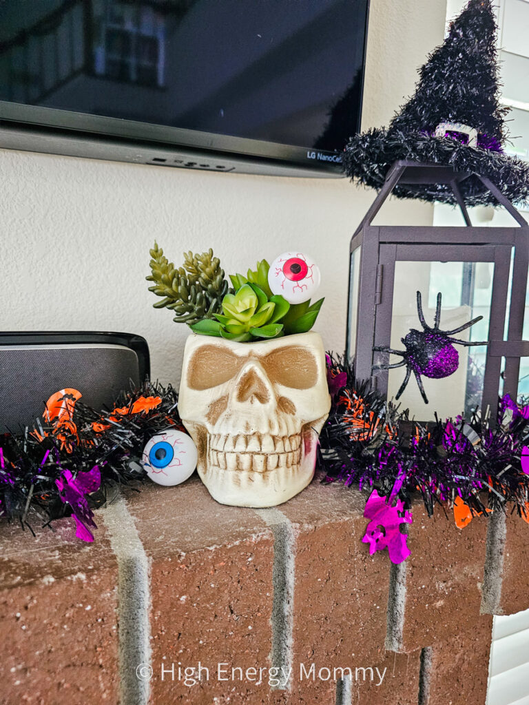 skeleton house decoration with succulent plant coming out the top of the head and plastic eye ball in the succulent