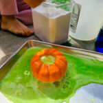 Mini pumpkin on a tray with green bubbly liquid all around it