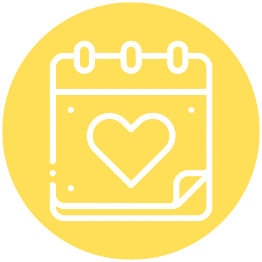 a yellow circle with a calendar symbol with a heart on it