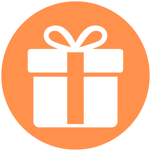 a white gift box with a bow symbol in an orange circle
