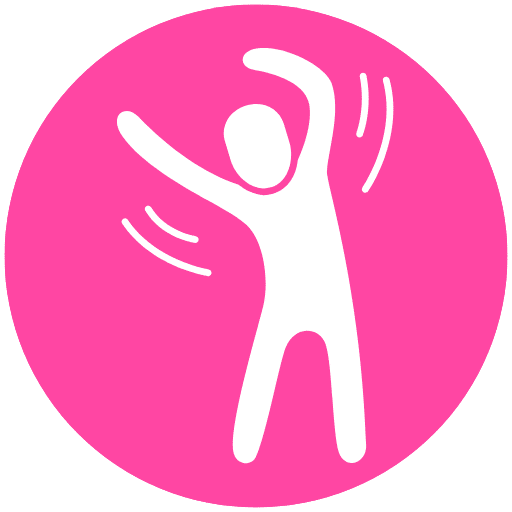 a white figure with arms raised in a pink circle