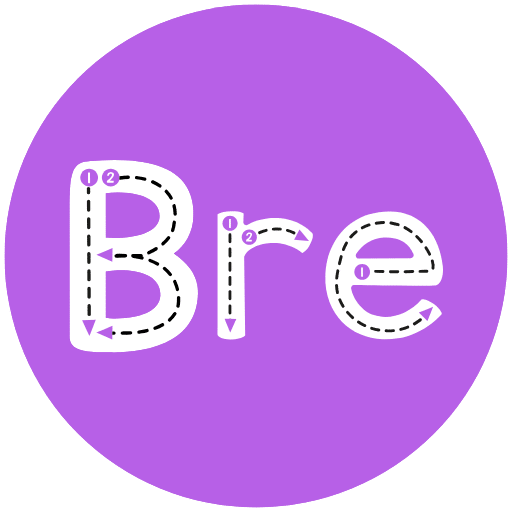 a purple circle with white letters and arrows showing motion of writing letter