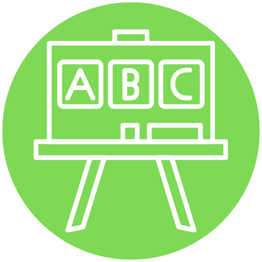 green circle with chalkboard icon with ABC on it